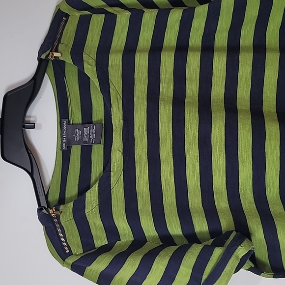 Chelsea & Theodore Green & Navy Striped Shirt with Zippered Shoulders Nautical - Picture 6 of 10